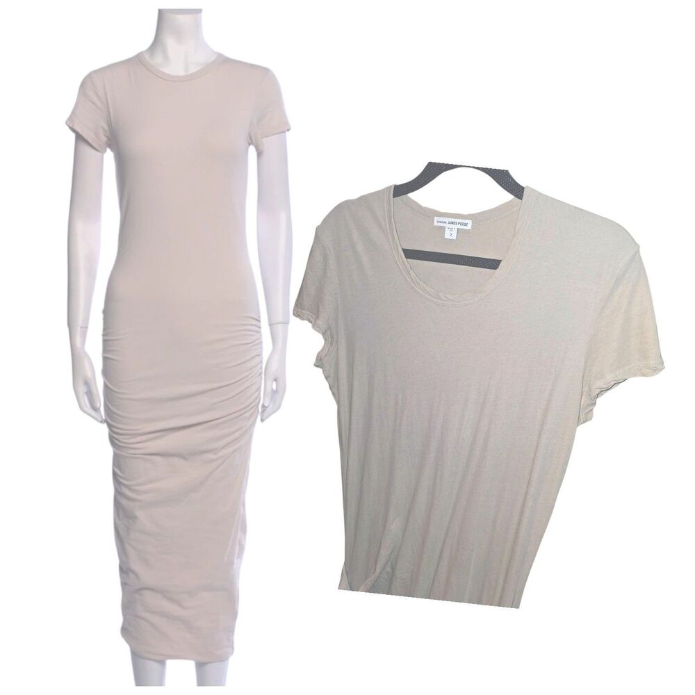 STANDARD JAMES PERSE Sz M Lined Ruched Side Minimalist Tan T Shirt Maxi Dress